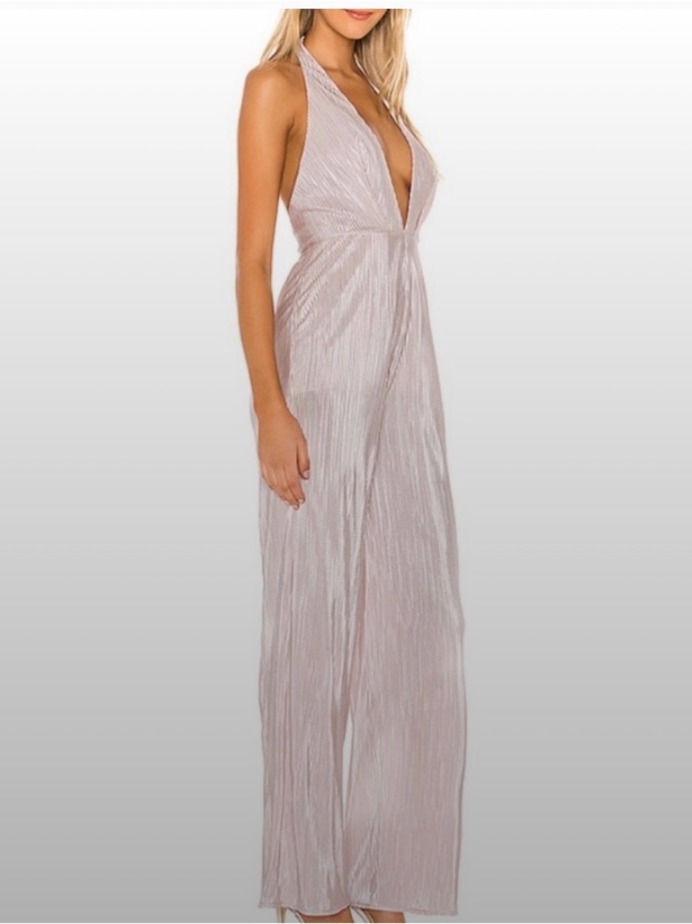 NWT Michael Costello x REVOLVE Harkin Jumpsuit in light pink, deep V-neck halter